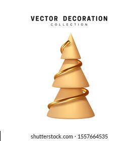 Christmas tree golden and beige sharp cone shapes decorative. Xmas object isolated on white background