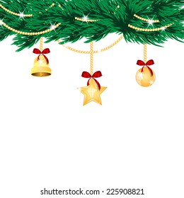 Christmas tree with golden decorations isolated on white background