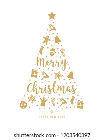 christmas tree golden icon elements lettering isolated background