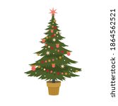 Christmas tree in a Golden pot with stars, garlands and balls. Vector, white background, isolated.