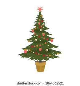 Christmas Tree In A Golden Pot With Stars, Garlands And Balls. Vector, White Background, Isolated.