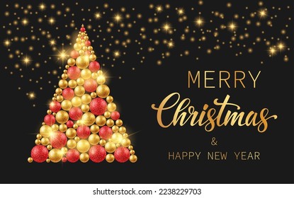 Christmas tree of Golden and red balloons on a black background. Vector illustration.