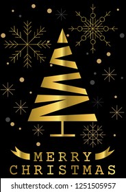 Christmas tree golden ribbon art with x-mas snow flake designs and merry Christmas Wishes vector graphic design