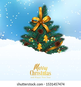 christmas tree with golden ribbon decoration on the snow and sky blue background. poster banner template