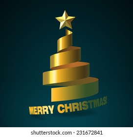 Christmas tree from golden ribbon, and with golden star on dark turquoise background. The Merry Christmas bending as continuation of the ribbon.