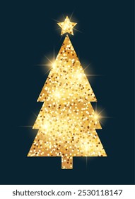 Christmas tree with golden sparkling glitter on dark blue background. Winter vector illustration.