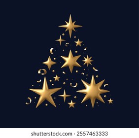 Christmas tree golden star. 3D stars realistic gold metallic starry shapes and confetti in Christmas tree composition. Xmas winter holiday concept. Vector background.