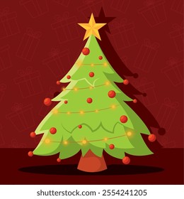 Christmas tree with golden star and lights Vector