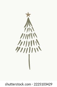 Christmas Tree  With Golden Star On Top. Simple Style Hand Drawn Doodle Drawing. Vector Illustration Isolated. Ideal For Holiday Card Design.