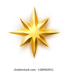 Christmas tree golden star toy. Realistic shiny golden decor element. Traditional festive xmas eve, new year celebration decoration design symbol. Vector bright decorative hanging object