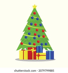 christmas tree with golden star vector ilustration. christmas decoration. Christmas gift yellow, red, blue. White background