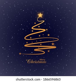 Christmas tree. Golden Christmas tree as a symbol of Happy New Year, Christmas holiday celebration. Gold light decoration. Bright shiny design vector illustration. Vector background with snow element