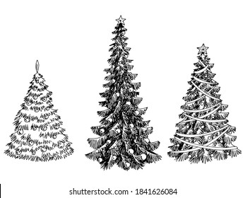 Christmas tree graphic black white New Year decor isolated sketch set illustration vector