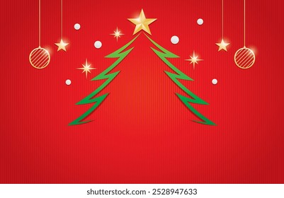 christmas tree graphic element with hanging stars and ball vector on luxury red background 