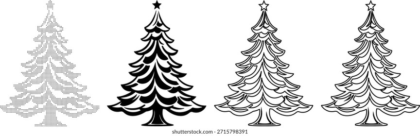 Christmas Tree Graphic Evolution Four Styles Including dotted Art, Solid Silhouette, and Detailed Line Art Vector Illustration