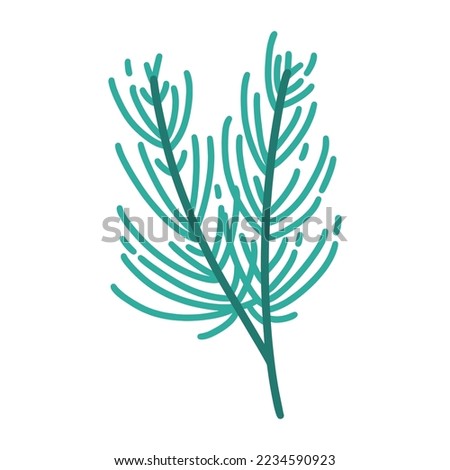 Christmas tree green branch vector icon. Hand drawn illustration isolated on white background. A twig of a coniferous plant with needles. Simple botanical doodle. Cartoon clipart for cards, posters
