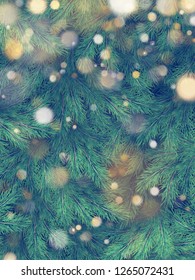 Christmas tree green branches of pine and gold garland lights. EPS 10