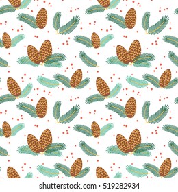 Christmas tree green branches, pine cone, red berries in seamless pattern background.Fir, spruce design element for backdrop, wallpaper, wrap. New year holiday vector