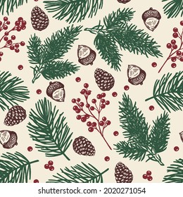 Christmas tree green branches,pine cone ,red berries in seamless pattern background, Pine cone on branches with needles, can be used for textile. fabric.