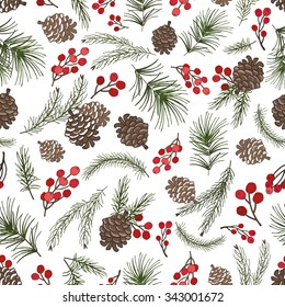 Christmas tree green branches,pine cone ,red berries in seamless pattern background.Fir,spruce design element for backdrop,wallpaper,wrap.New year holiday vector