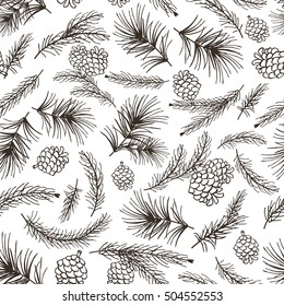 Christmas tree green branches,pine cone  in seamless pattern background.Vintage Vector. Fir,spruce design element for backdrop,wallpaper,wrap.New year holiday vector 