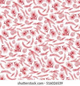 Christmas tree green branches,pine cone  pattern background.Vintage Vector. Fir,spruce design element for backdrop,wallpaper,wrap.New year holiday vector. Red backdrop,illustration 