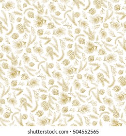 Christmas tree green branches,pine cone,snow ,berries in pattern background.Fir,spruce design element for backdrop,wallpaper,wrap.New year holiday vector.Goldbackdrop