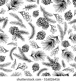 Christmas tree green branches,pine cone,snow ,berries in seamless pattern background.Fir,spruce design element for backdrop,wallpaper,wrap.New year holiday vector.Black