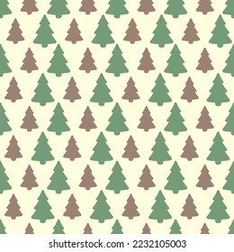 Christmas tree. Green and brown coniferous plant. Seamless vector pattern. Infinitely repeating spruce ornament. Flat style. Isolated yellow background. Christmas decorative element. 