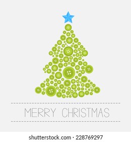 Christmas tree from green buttons. Merry Christmas card. Isolated  Flat design  Vector illustration