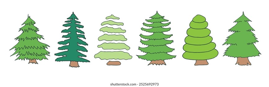 Christmas tree green doodle icon collection. Childish style vector decor