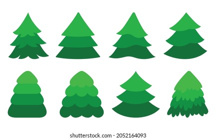 Christmas tree green flat cartoon icon set. Winter symbol, merry xmas and happy new year holiday card design element. Stylized abstract fir, pine, nature forest, traditional party celebration sign