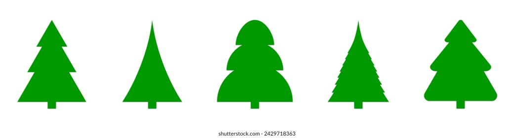 Christmas tree green icon set. Christmas tree logo. Xmas symbols. Vector illustration isolated on white background.