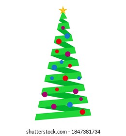 El árbol de Navidad de las líneas verdes consiste en estrellas en la parte superior y varias bolas de Navidad de colores, diseño plano ilustrativo vectorial.