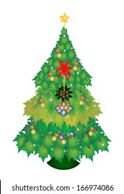 Christmas Tree of Green Maple Leaves Decorated with Baubles or Christmas Balls, Red Ribbon and Golden Star Tree Topper, Sign for Christmas Celebration. 