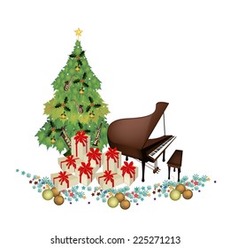 Christmas Tree of Green Maple Leaves with Pile of Gift Boxes and Grand Piano, Sign for Christmas Celebration. 