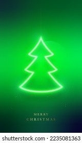 Christmas tree green neon lighting shape. Shiny signboard on green wall background. Season winter holiday. Symbol of Christmas and New Year.