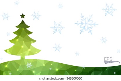Christmas tree green postcard low poly background christmas vector illustration consisting of triangles.Abstract triangular polygonal origami or crystal design of New Years celebration.
