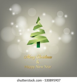 Christmas tree from green ribbon with lettering merry christmas and Happy new year gray bokeh card vector background. Eps 10.