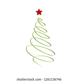 Christmas tree of green ribbon with red star. Vector. Greeting card for the holiday new year. Empty space for text or advertising