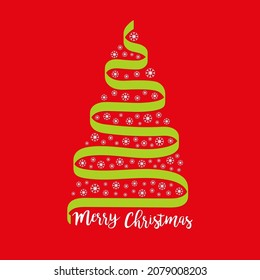 Christmas tree from green ribbon. Snowflake set xmas ball. Abstract line. Merry Christmas. Happy New Year. Greeting card. Flat design. Red background. Isolated. Vector illustration