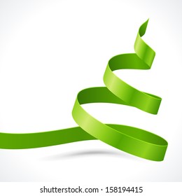 Christmas tree from green scroll ribbon on white background with holidays wishes text for greeting card or banner vector illustration.