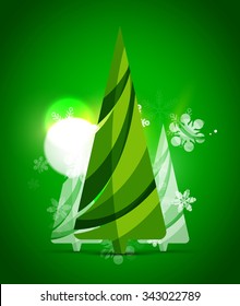 Christmas tree, green shiny abstract background. Vector holiday illustration