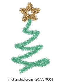 Christmas tree. Green spruce, decorated with a gold star. A tree made of fluffy tinsel. Colored vector illustration. Isolated white background. Plush fir. Happy new year and merry christmas. 