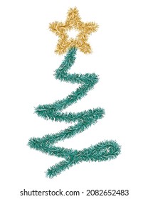 Christmas tree. Green spruce, decorated with a gold star. A tree made of fluffy tinsel. Colored vector illustration. Isolated white background. Plush fir. Happy new year and merry christmas. 