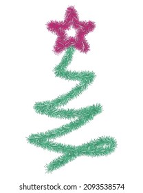 Christmas tree. Green spruce, decorated with a pink star. A tree made of fluffy tinsel. Colored vector illustration. Isolated background. Plush fir. Happy new year and merry christmas. 