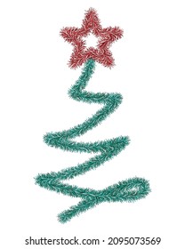 Christmas tree. Green spruce, decorated with a red star. A tree made of fluffy tinsel. Colored vector illustration. Isolated background. Plush fir. Happy new year and merry christmas. 