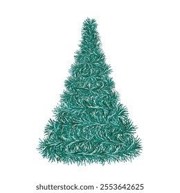 Christmas tree. Green spruce. Tree made of fluffy tinsel. Color vector illustration. Isolated on white background. Festive plush fir. Idea for web design.