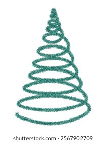 Christmas tree. Green spruce in the shape of a spiral. Tree made of fluffy tinsel. Color vector illustration. Isolated white background. Festive plush fir for the new year. Idea for web design.