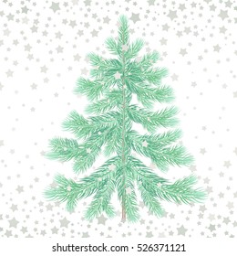 Christmas tree. Green spruce and silver snowflakes isolated on white background. Evergreen forest plants. Vector illustration of a fir or pine for design holiday gifts, greeting cards, signs, posters